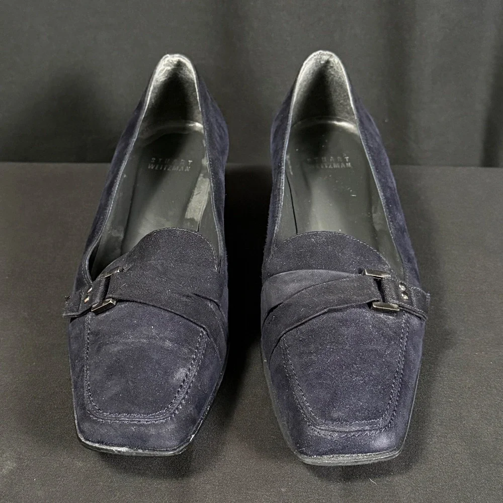Vintage 90s Stuart Weitzman Navy Suede Square Toe Kitten Heel Loafer Pumps 8.5